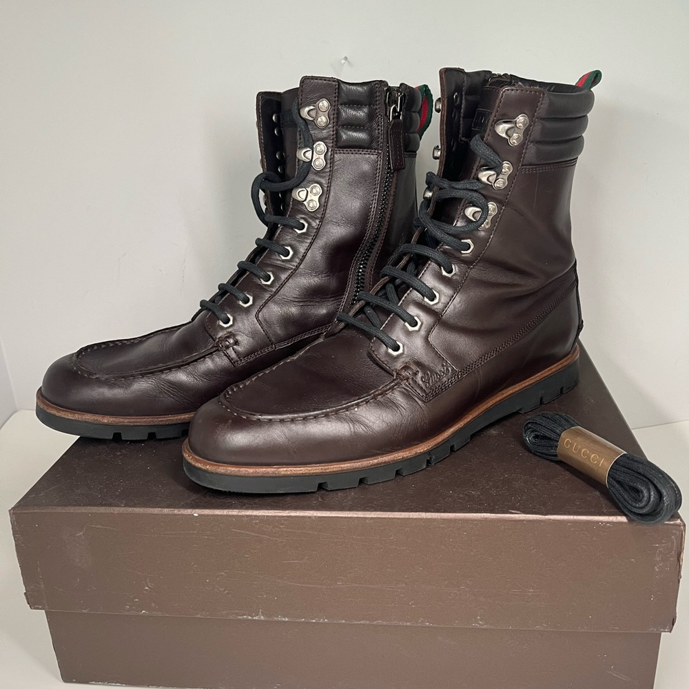 Gucci Web Accent Leather Lace-Up Boots